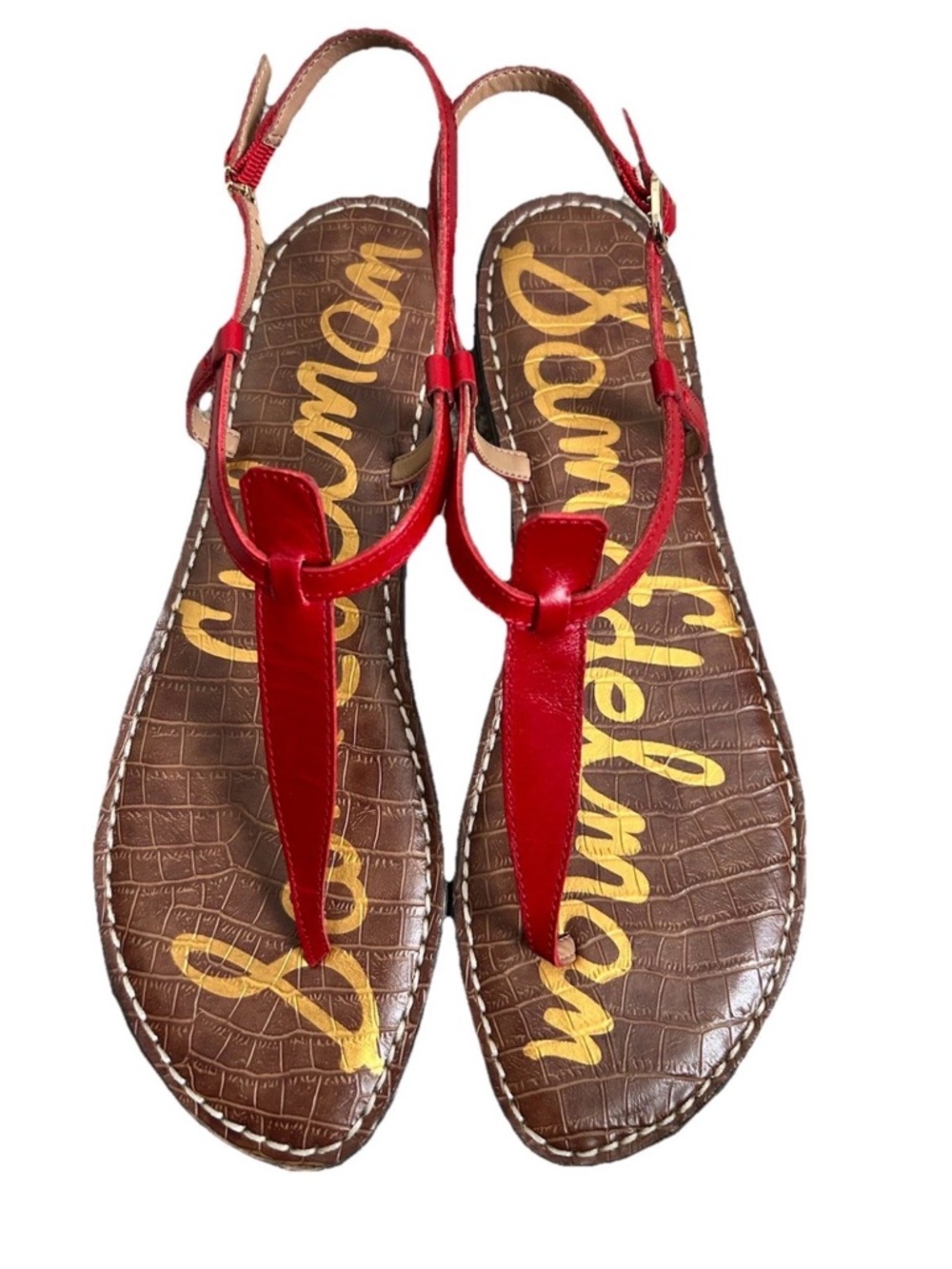 Sam Edelman Gigi Red Leather T-Strap Sandals Size 11 Ankle Strap Flat Footbed